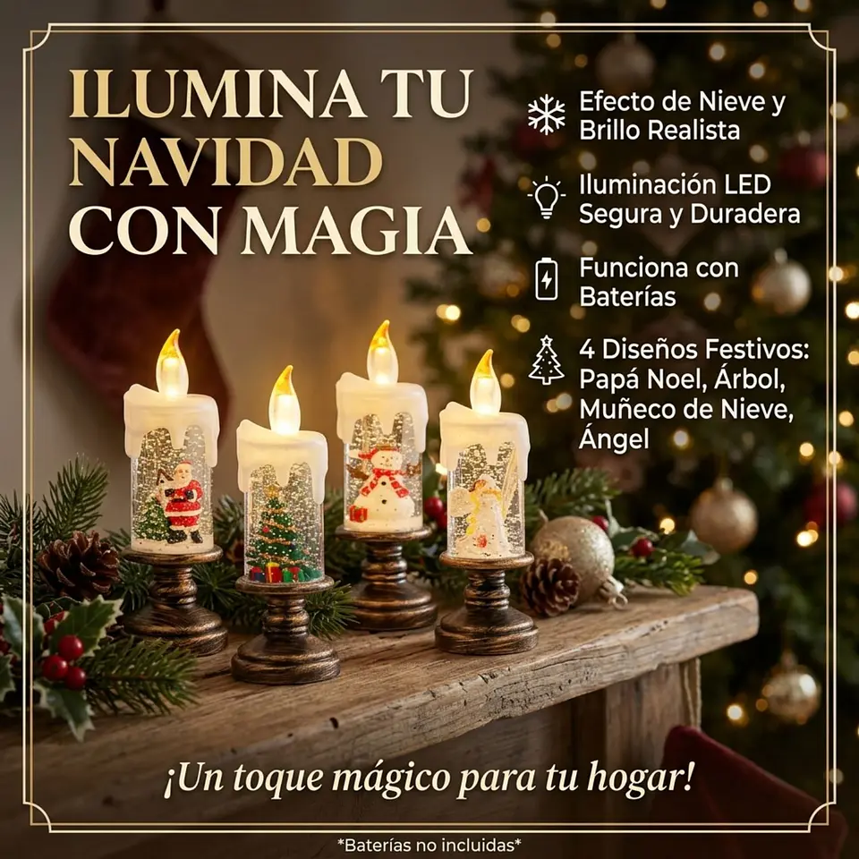 Pack 4 Velas LED Navideñas Con Efecto Caída Nieve 7