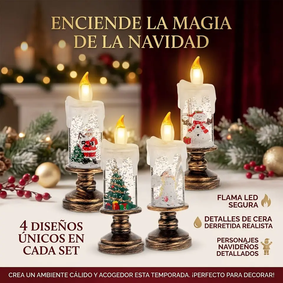 Pack 4 Velas LED Navideñas Con Efecto Caída Nieve 8
