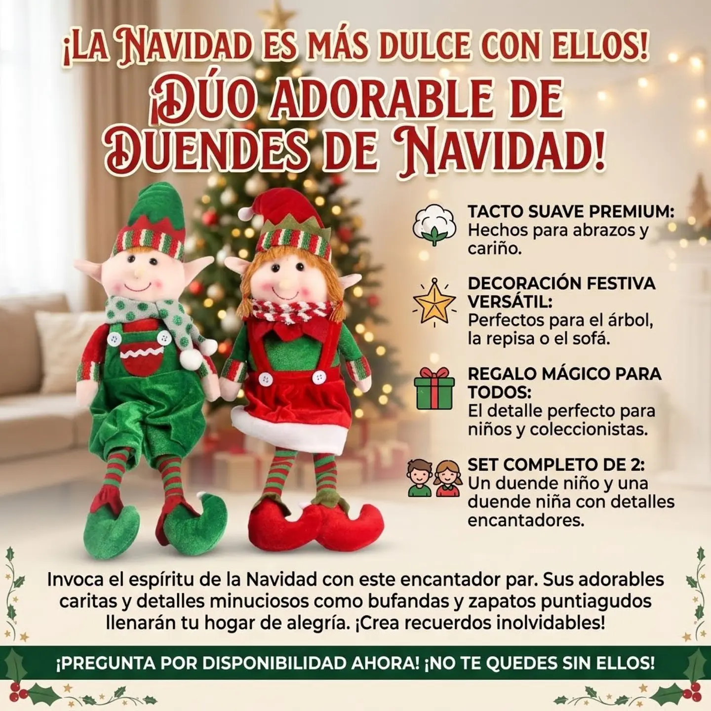 Set 2 Duendes Navideños De Peluche 48cm Pareja Niño Y Niña 8