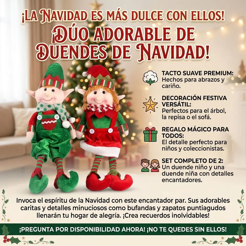 Set 2 Duendes Navideños De Peluche 48cm Pareja Niño Y Niña 8