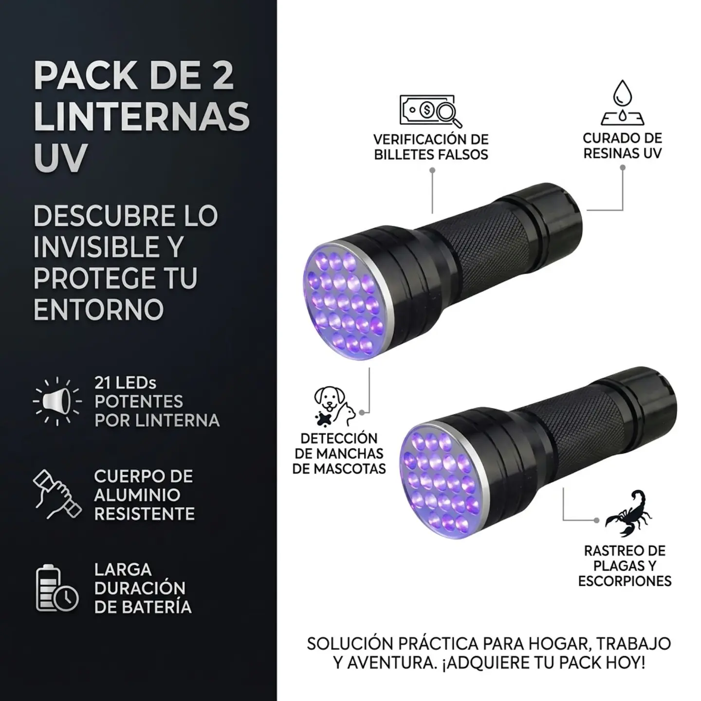 Pack 2 Linternas Led Ultravioleta 5W De Bolsillo 4