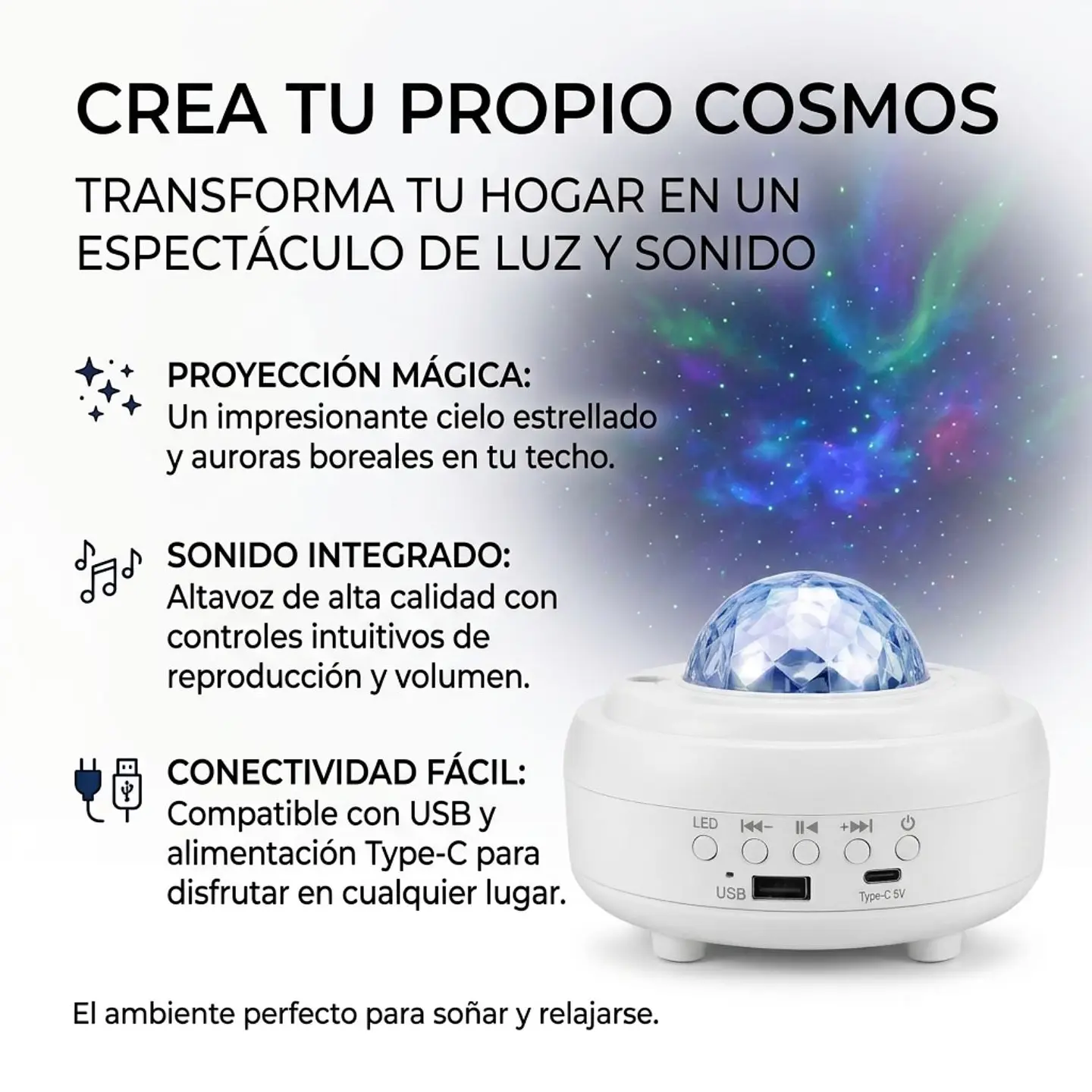 Proyector Led Luces Y Estrellas 360º Con Bluetooh Y Musica 4