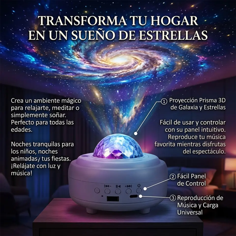 Proyector Led Luces Y Estrellas 360º Con Bluetooh Y Musica 5