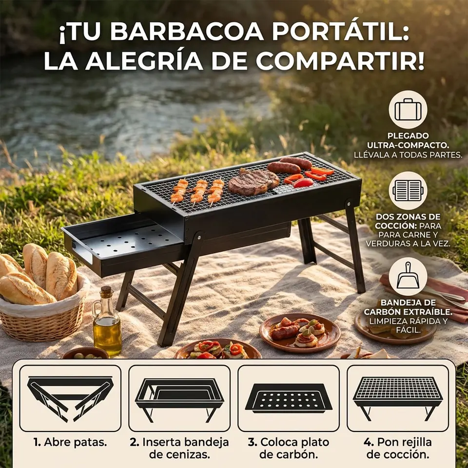 Parrilla Portátil Plegable A Carbón 60cm Acero Inoxidable 3
