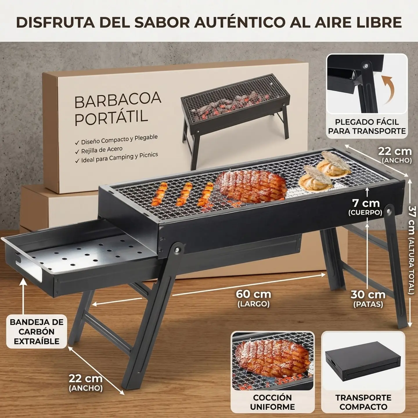 Parrilla Portátil Plegable A Carbón 60cm Acero Inoxidable 4