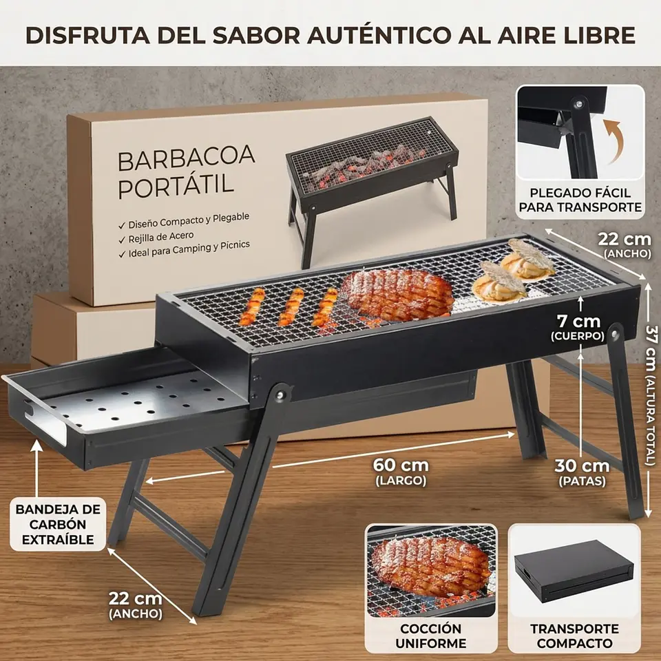 Parrilla Portátil Plegable A Carbón 60cm Acero Inoxidable 4