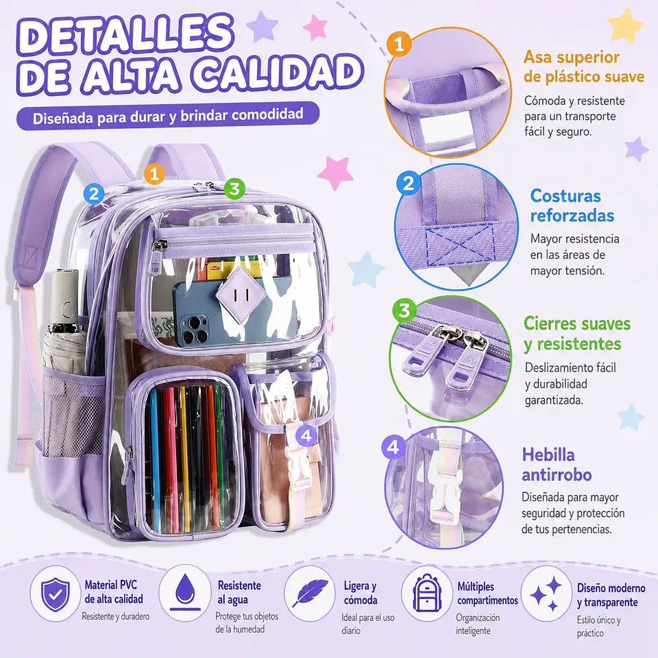 Mochila Transparente De PVC Resistente Para Escuela  8