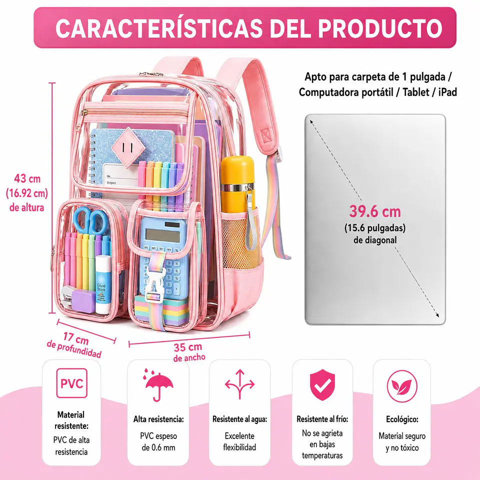 Mochila Transparente De PVC Resistente Para Escuela  13
