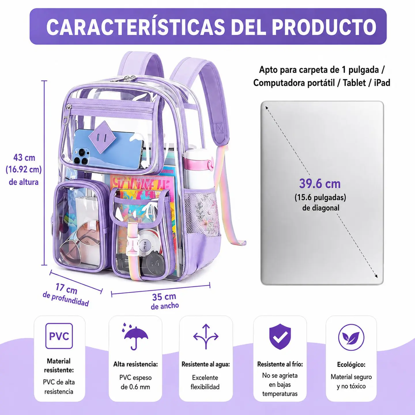 Mochila Transparente De PVC Resistente Para Escuela  10