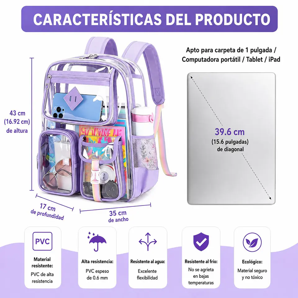 Mochila Transparente De PVC Resistente Para Escuela  10