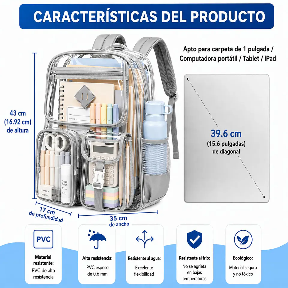 Mochila Transparente De PVC Resistente Para Escuela  17