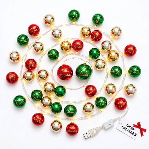 Luces Guirnalda Esferas LED USB Decoración Navidad 10M