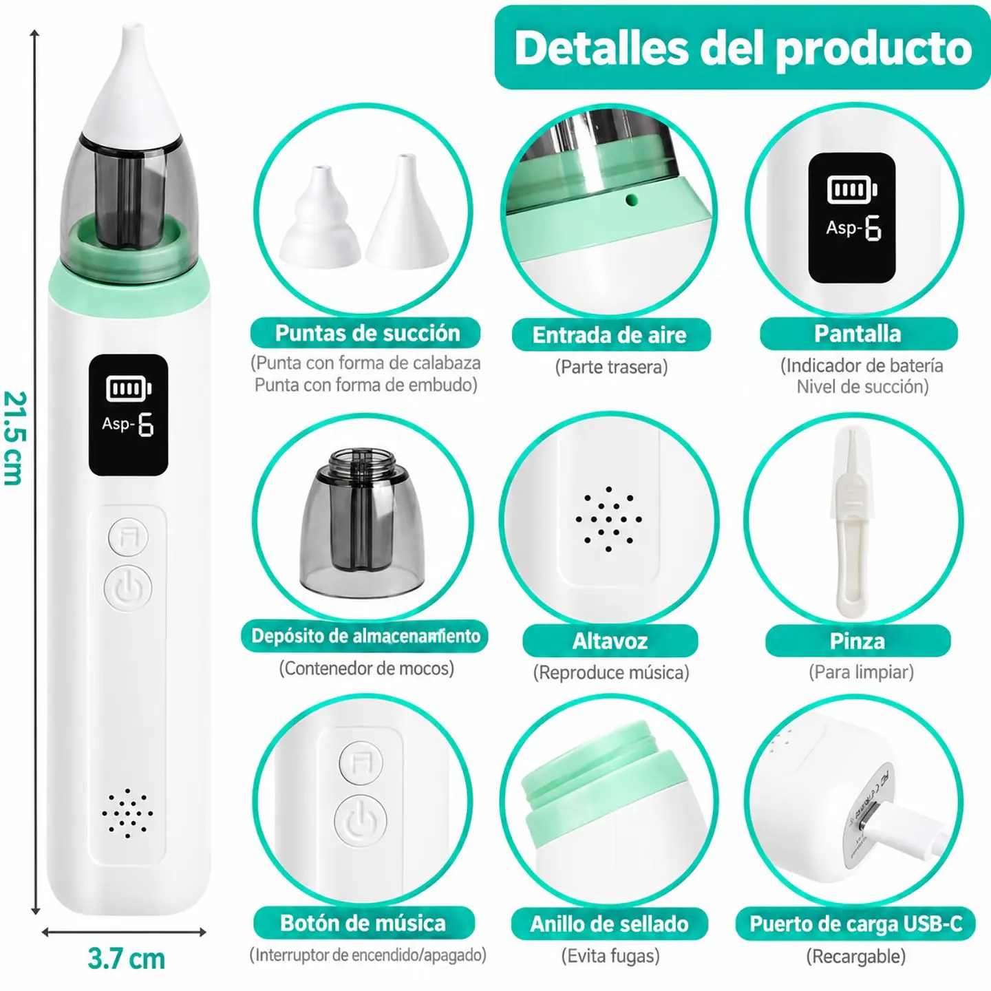 Aspirador Nasal Eléctrico Para Bebé 6 Niveles Recargable 6