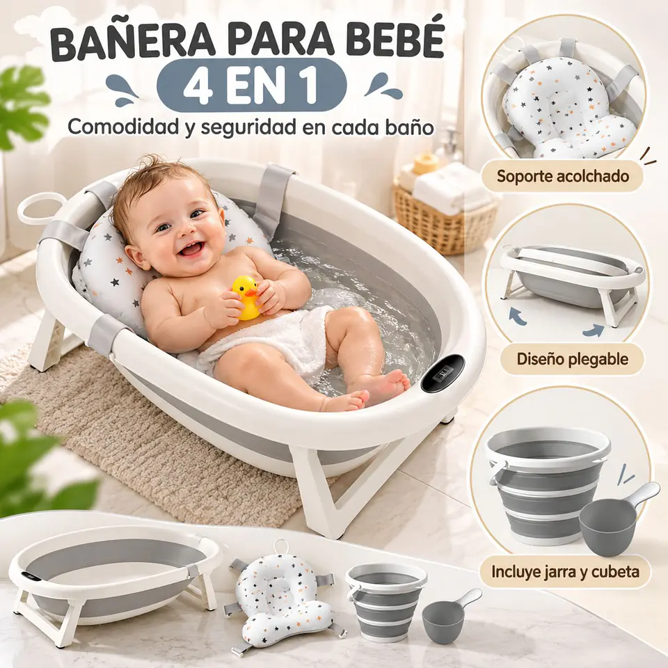 Bañera Plegable Bebé 4 en 1 Con Termómetro Y Cojín 5