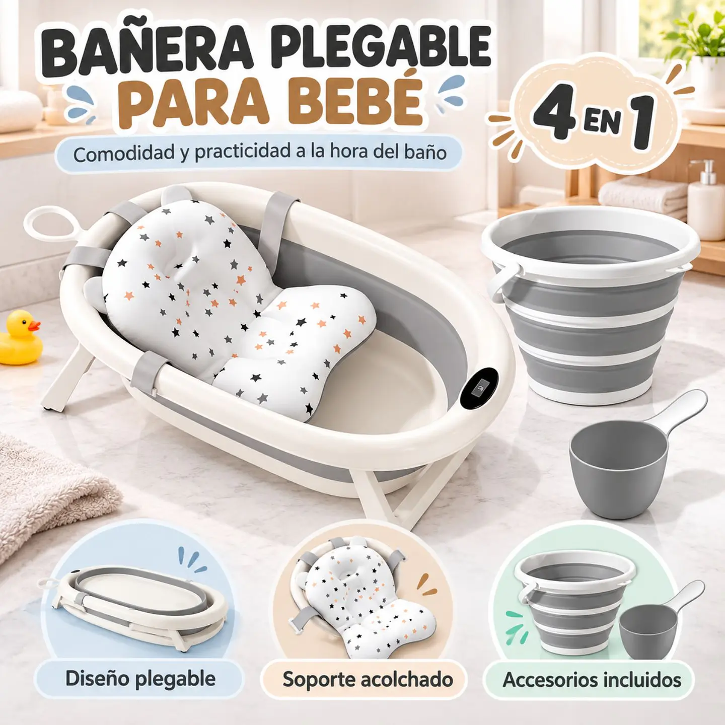 Bañera Plegable Bebé 4 en 1 Con Termómetro Y Cojín 6