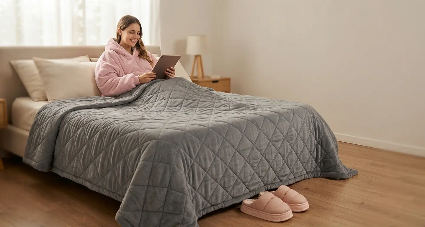 Mujer descansando en cama con manta acolchada y accesorios para el hogar