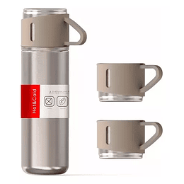 SET TERMO VASO TÉRMICO ACERO INOX 500ML + 3 TAZAS BEIG