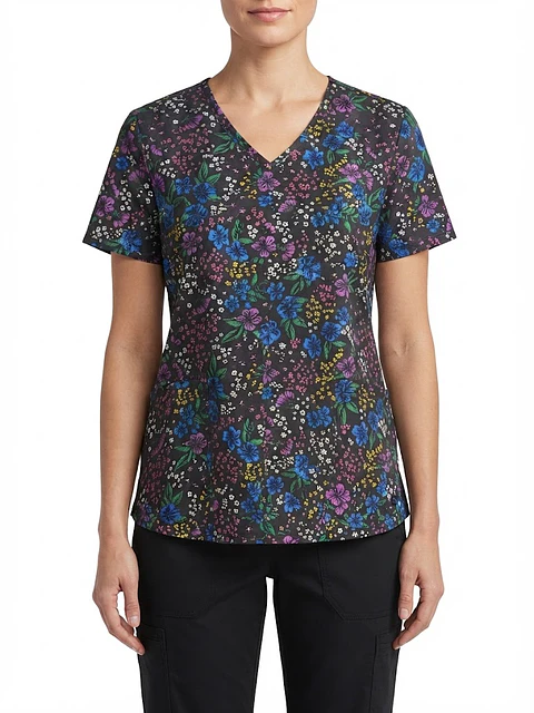 Talla XL Scrub mujer floreado fondo gris semielasticado $8000