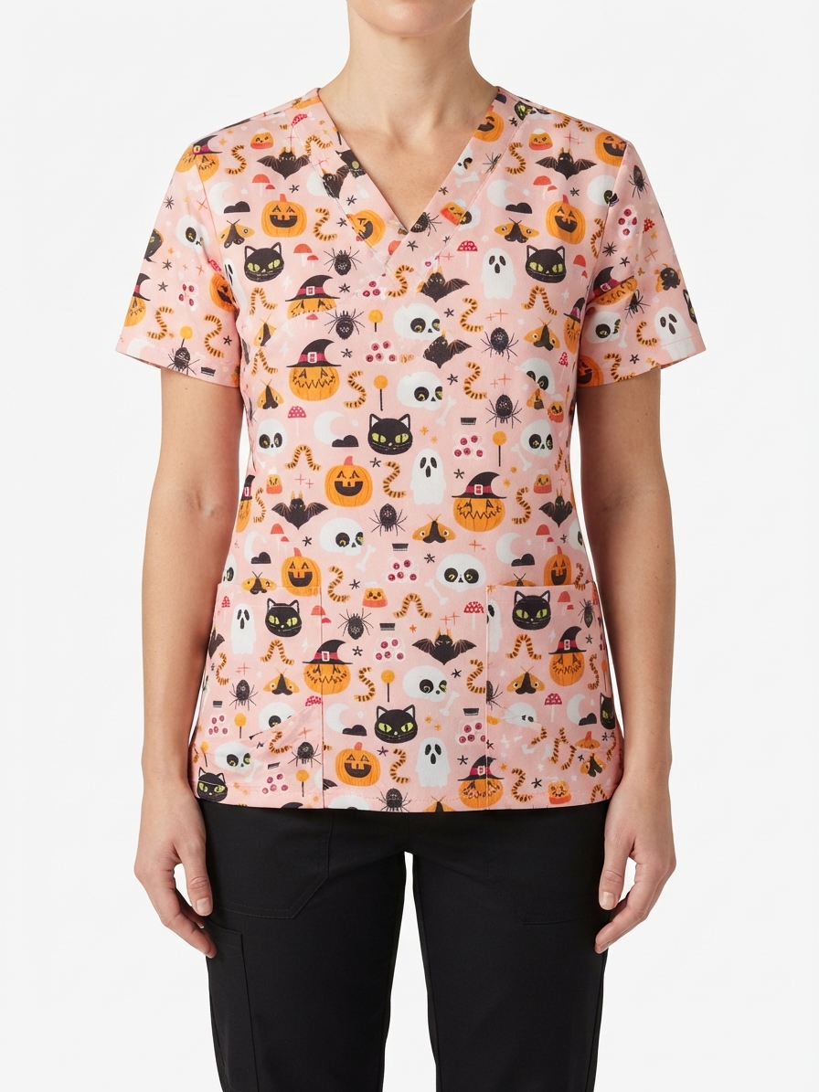 Talla L Scrub diseño gatos y calabazas elasticado $10.000