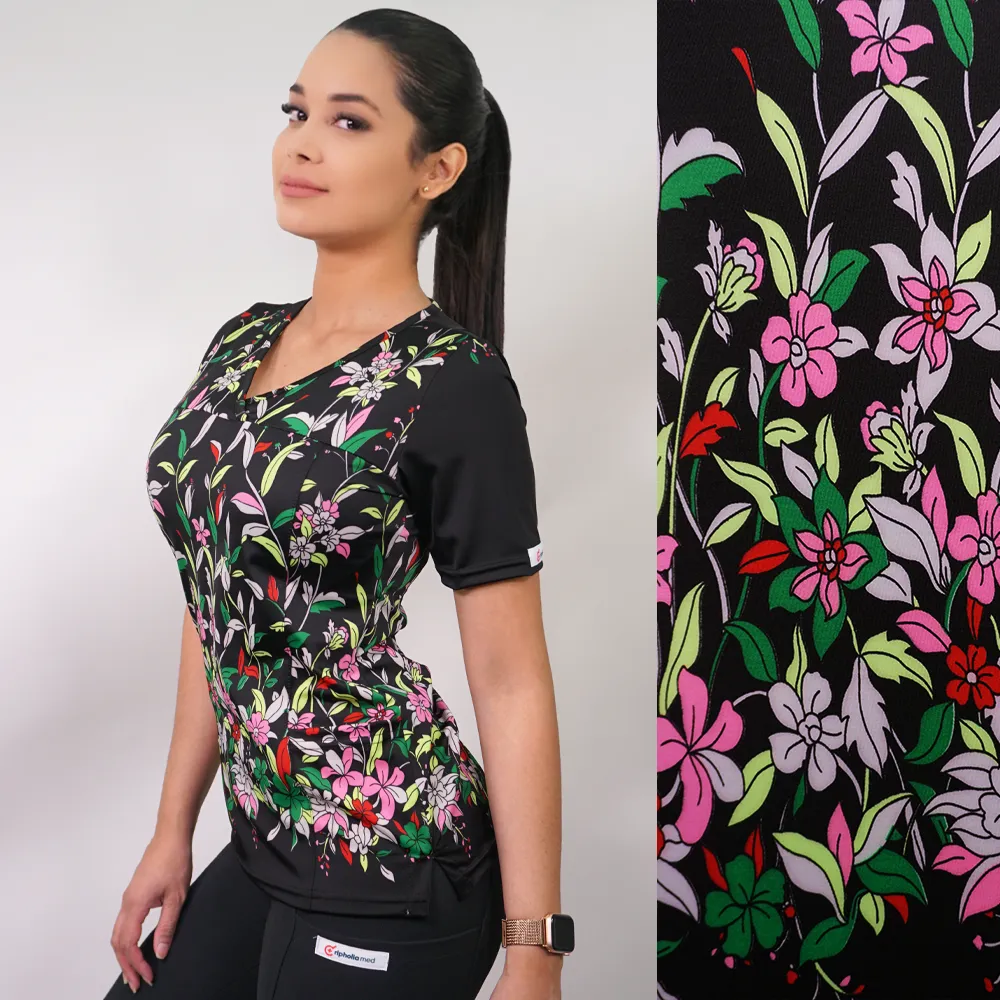 Scrub elasticado Ripholia estampado flores negro