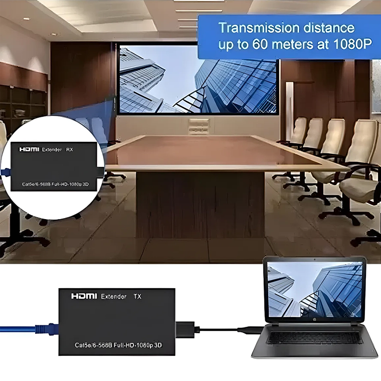 Extensor HDMI 60m Emisor Receptor RJ45 Cat5e/Cat6 Full HD 1080p 3D 2