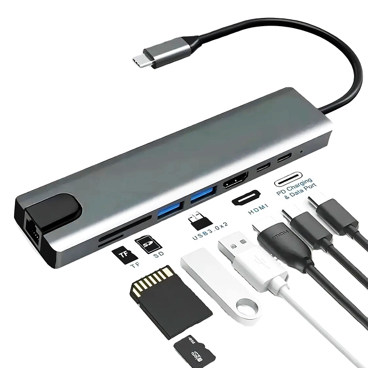 Hub USB Tipo C 8 en 1 Docking Station HDMI 4K RJ45 SD/TF PD 87W 4