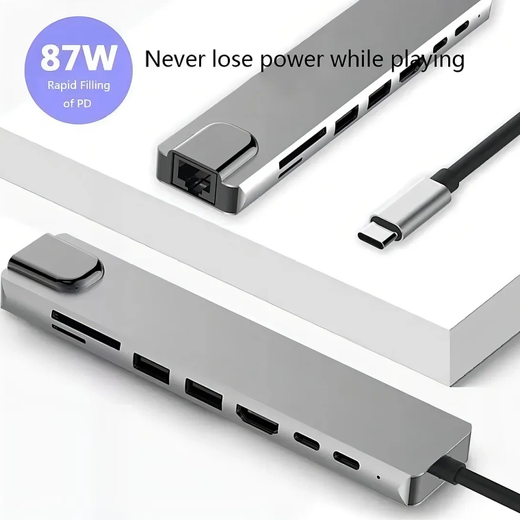 Hub USB Tipo C 8 en 1 Docking Station HDMI 4K RJ45 SD/TF PD 87W 5
