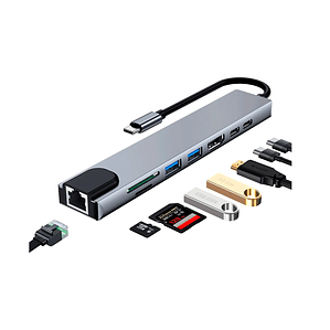 Hub USB Tipo C 8 en 1 Docking Station HDMI 4K RJ45 SD/TF PD 87W