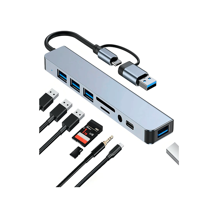 Hub USB Tipo C 8 en 2 Puertos USB 3.0/2.0, SD, TF, Jack  Compatible con Mac Notebook y PC Color Gris 1