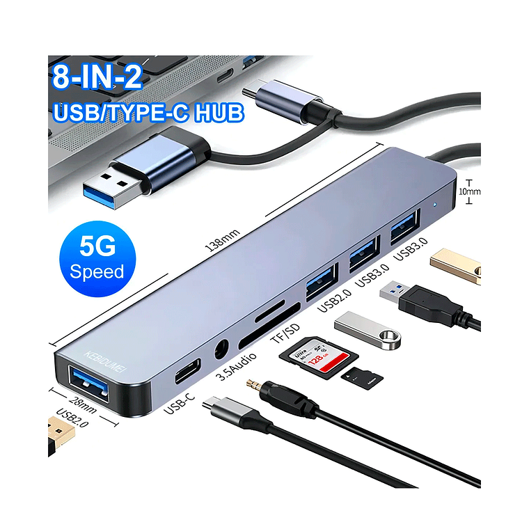 Hub USB Tipo C 8 en 2 Puertos USB 3.0/2.0, SD, TF, Jack  Compatible con Mac Notebook y PC Color Gris 2