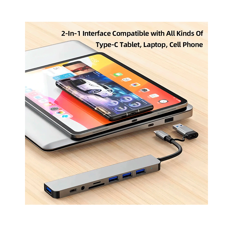 Hub USB Tipo C 8 en 2 Puertos USB 3.0/2.0, SD, TF, Jack  Compatible con Mac Notebook y PC Color Gris 3