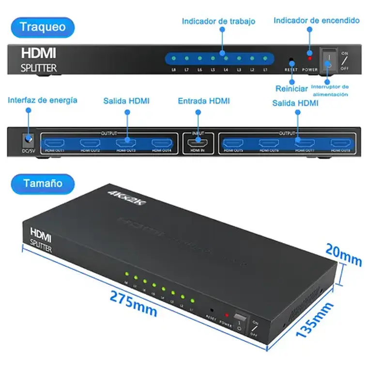 Splitter Hdmi 1x8 Salidas 1080p 2k4k Amplificador C/fuente 3