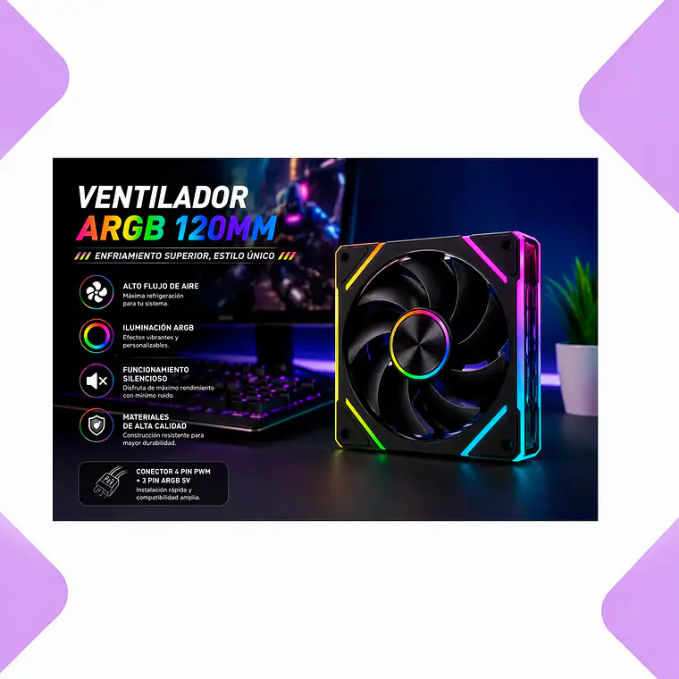 Ventilador Gabinete Pc Argb 120mm Silencioso Alto Flujo De Aire Iluminación Rgb Compatible Gaming Cooler Fan Refrigeración Eficiente Para Computador Escritorio 3