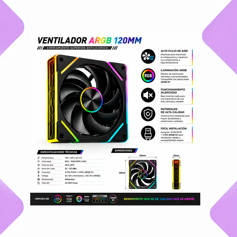Ventilador Gabinete Pc Argb 120mm Silencioso Alto Flujo De Aire Iluminación Rgb Compatible Gaming Cooler Fan Refrigeración Eficiente Para Computador Escritorio 2