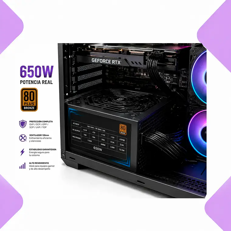 Fuente De Poder 650w 80 Plus Bronze Atx 2.1 Apfc Para Pc Gamer 4 Pcie 8 Sata Ventilador 120mm Protección Completa Compatible Intel Amd 3