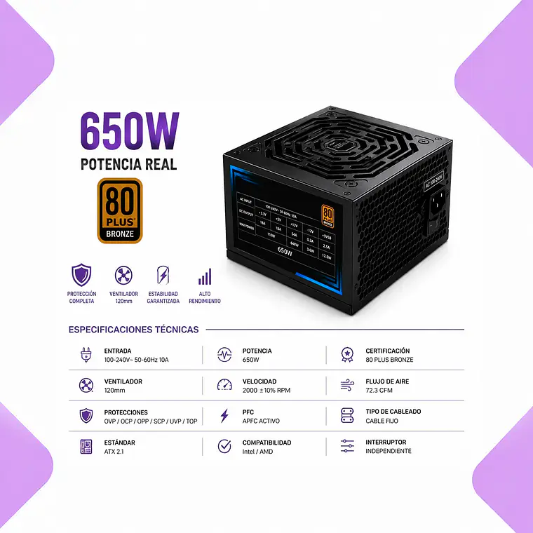 Fuente De Poder 650w 80 Plus Bronze Atx 2.1 Apfc Para Pc Gamer 4 Pcie 8 Sata Ventilador 120mm Protección Completa Compatible Intel Amd 2