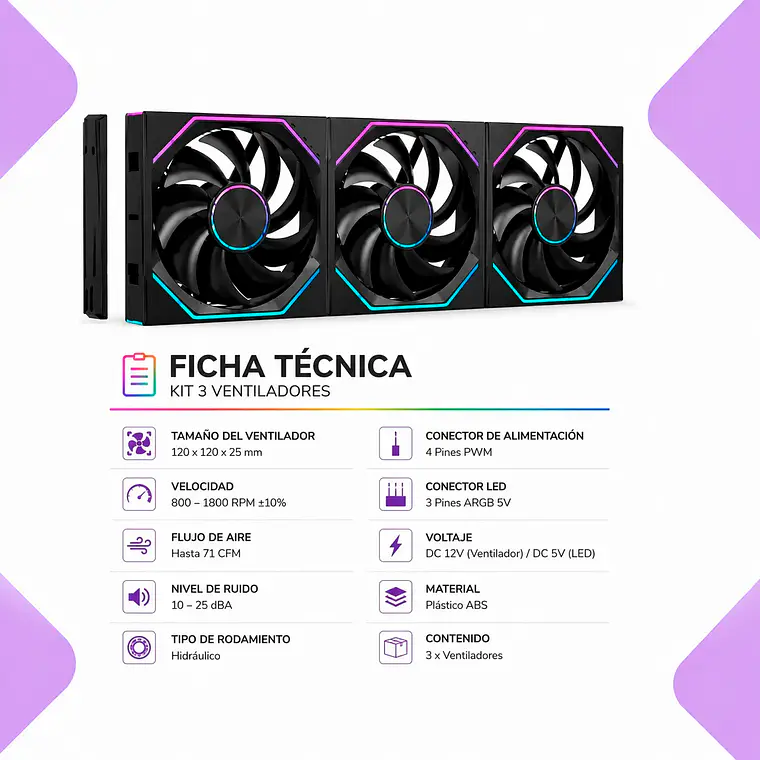Kit 3 Ventiladores Para Pc Argb 120mm Kit Gamer Rgb 5v Sincronizable Alto Flujo Para Gabinete Gaming 2