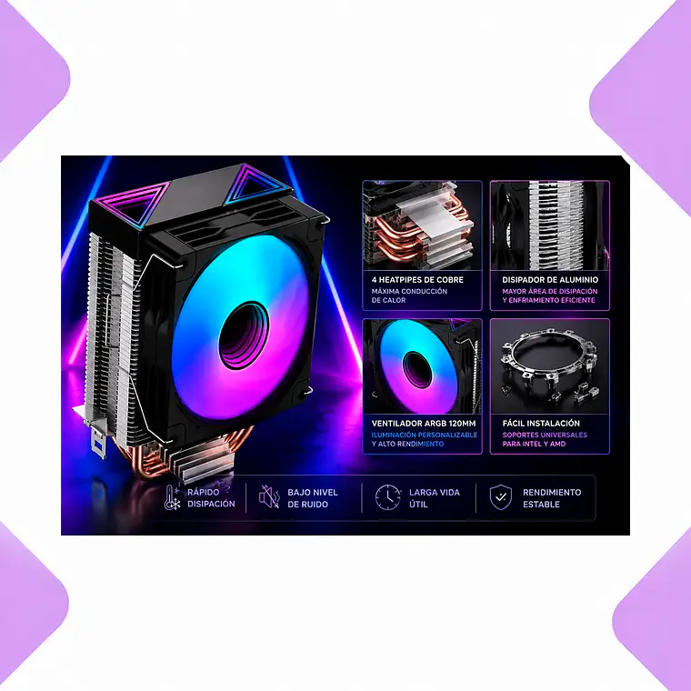 Disipador Ventilador Para Pc Cpu Argb 90mm 2 Heatpipes Cobre Intel Lga1700 1200 115x Amd Am4 Am5 Ventilador Silencioso Alto Rendimiento 130w Gaming Pc 3