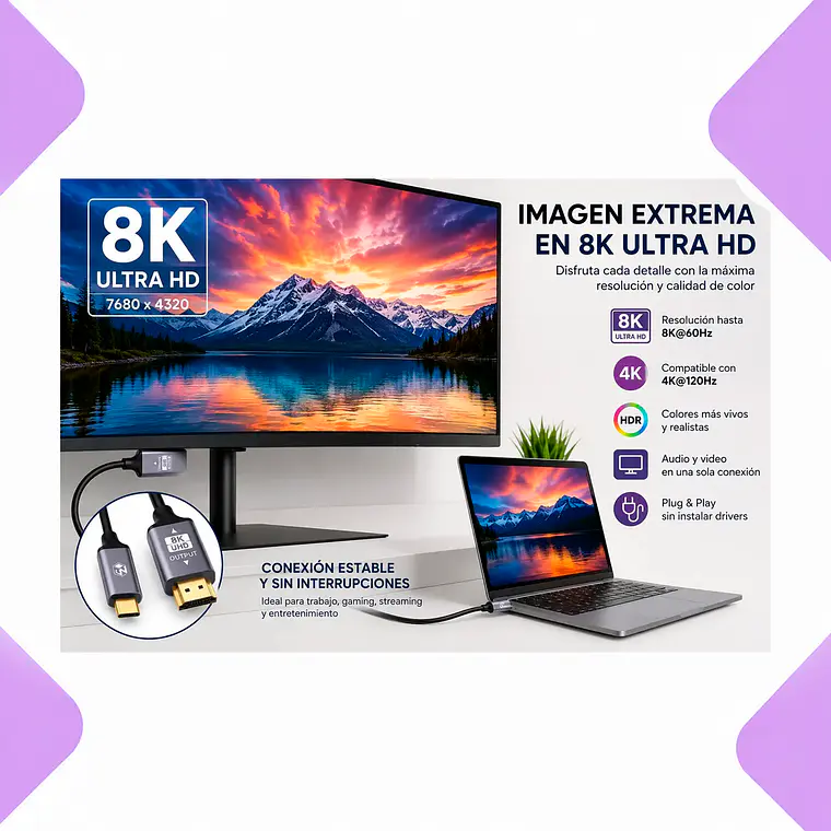 Cable Usb Tipo C A Hdmi 8k Uhd 48gbps Nylon Reforzado Hdmi 2.1 Compatible Dex Laptop Pc 4k 120hz Hdr Ultra Hd Tv Monitor Proyector Alta Velocidad 3