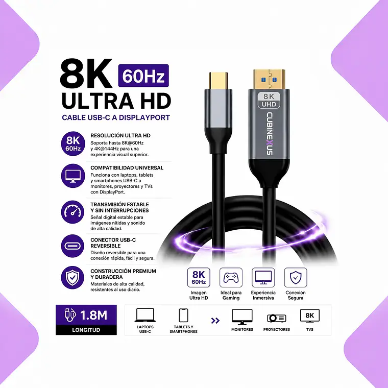 Cable Usb C A Displayport 8k 60hz 4k 144hz 60hz 1.8m Ultra Hd Compatible Smarphone Notebook Pc Monitor Gaming Proyector Tv Adaptador Tipo C A Dp Alta Velocidad Premium Cubinexus 2