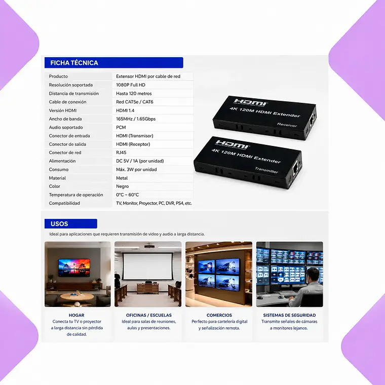 Extensor Hdmi 120m Cat5e Cat6 Full Hd 1080p Rj45 Repetidor Hdmi Largo Alcance Transmisor Receptor Plug And Play Compatible Tv Proyector Monitor 2