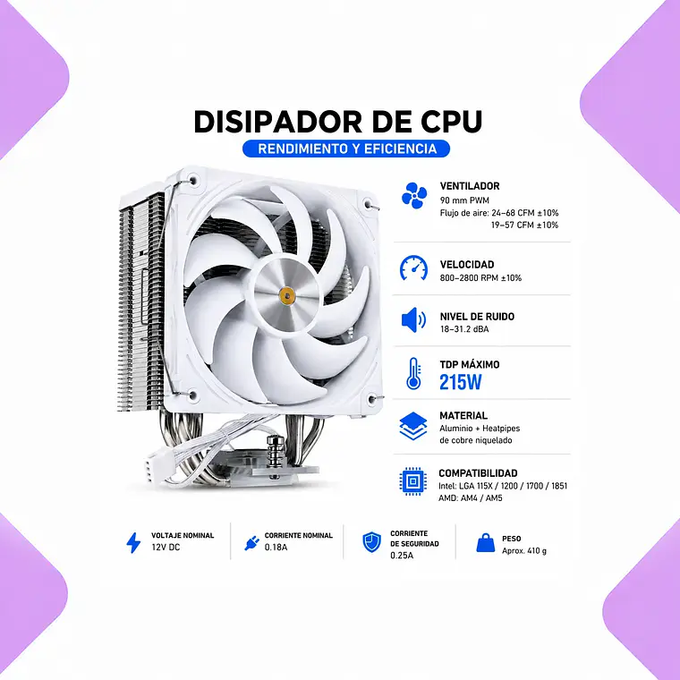 Disipador Ventilador Para Pc Blanco Cpu 215w Tdp Pwm Cooler Procesador Silencioso Alto Rendimiento 2