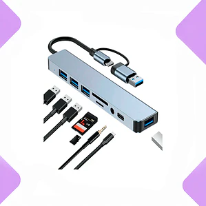 Hub USB Tipo C 8 en 2 Puertos USB 3.0/2.0, SD, TF, Jack  Compatible con Mac Notebook y PC Color Gris