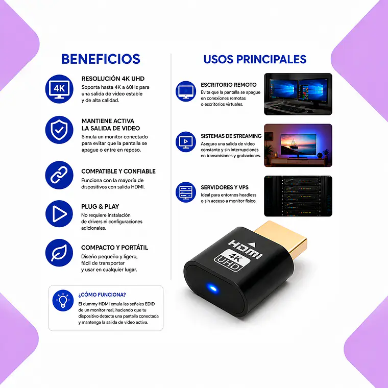 Adaptador HDMI Dummy 4K Emulador de Monitor Virtual  2