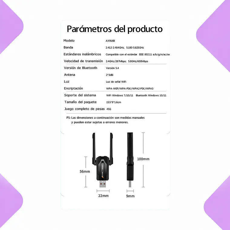 Adaptador WiFi 6 USB AX900 2.4/5 GHz para PC 2