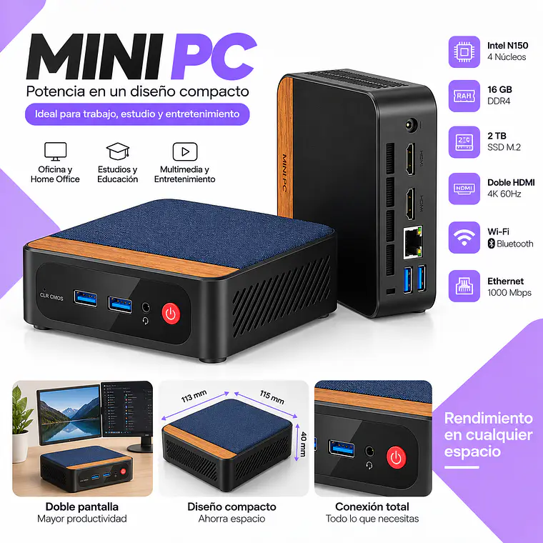 Mini PC Intel N150 16GB RAM 512 SSD WiFi Dual HDMI 4K 2