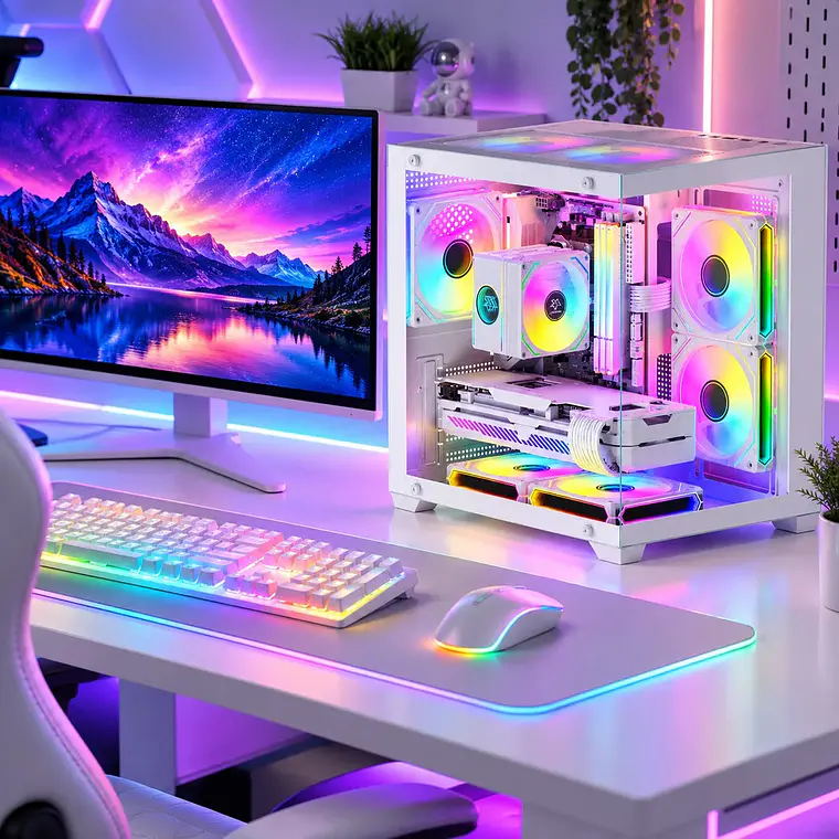 Gabinete PC Gamer Pecera Micro ATX Vidrio Templado Blanco 2
