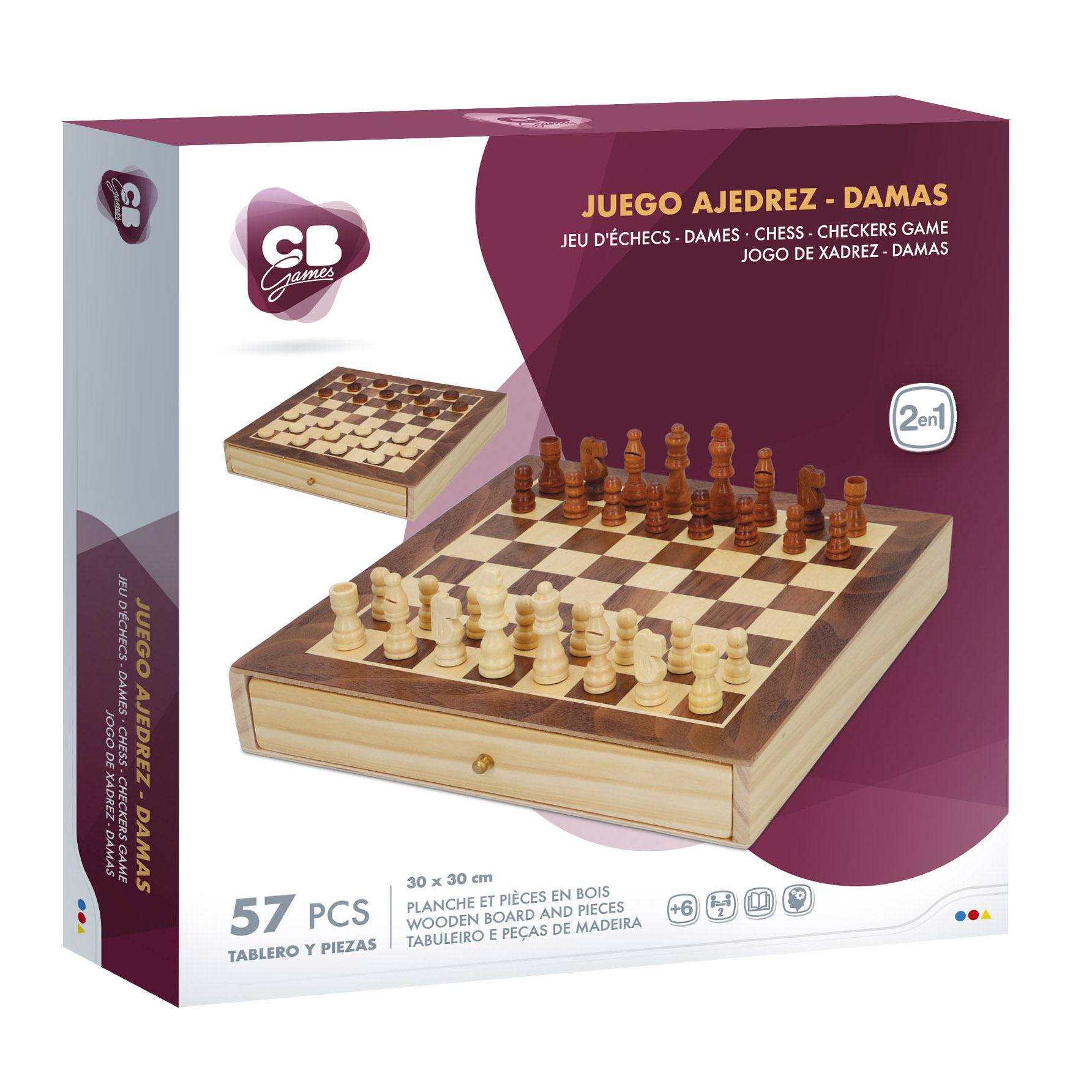 CB Games - Jogo de Xadrez + Damas + Gamão de Madeira