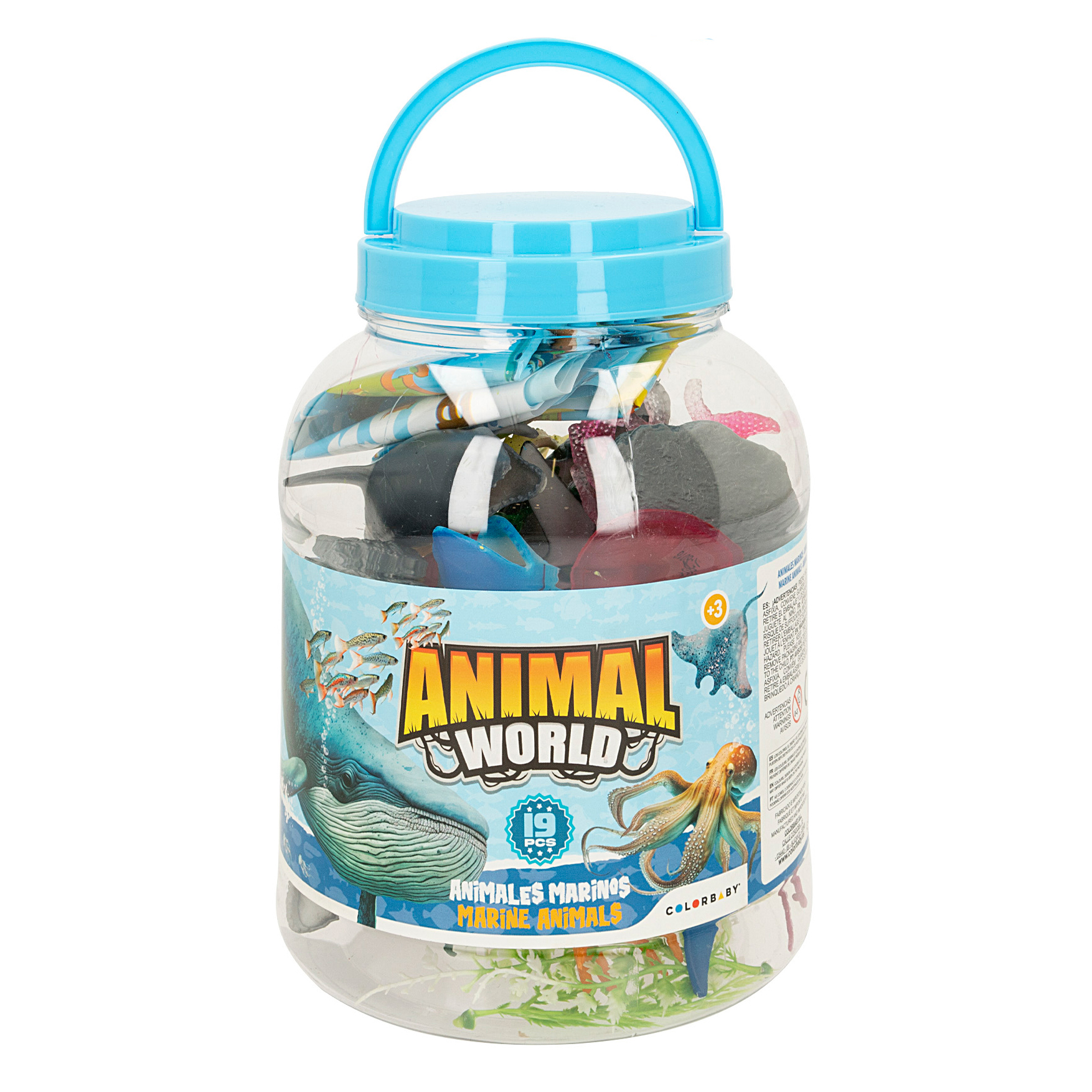 Cubo Animal World De Animales Marinos, 19 Piezas Con Mapa Del Mundo En Inglés, Figuras Y Accesorios, Cubo Con Asa, Para Niños A Partir De 3 Años.