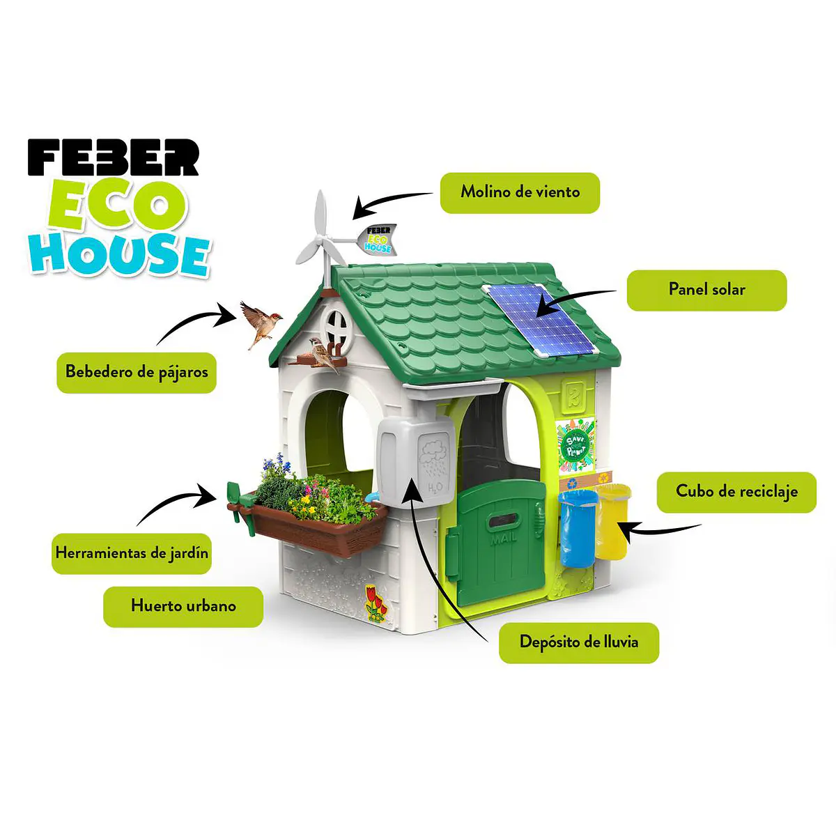 FEBER Recycle Eco House – Maison En Plastique Recyclé 90% – Porte Rabattable, Anti-UV – Dès 2 Ans – Écoresponsable